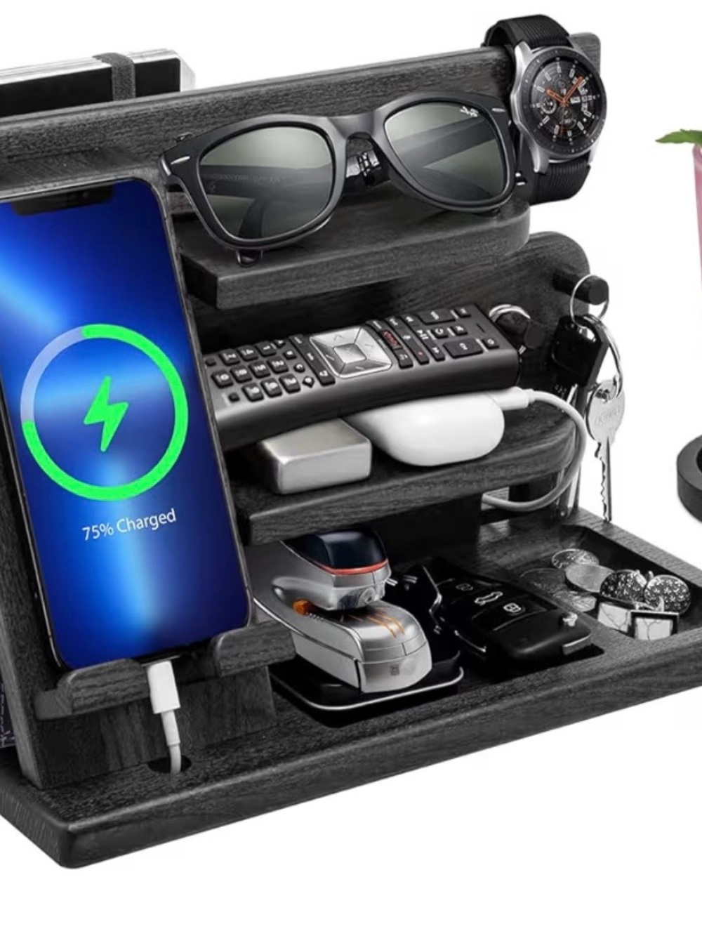Wooden Desk Organizer Charging Station - Black